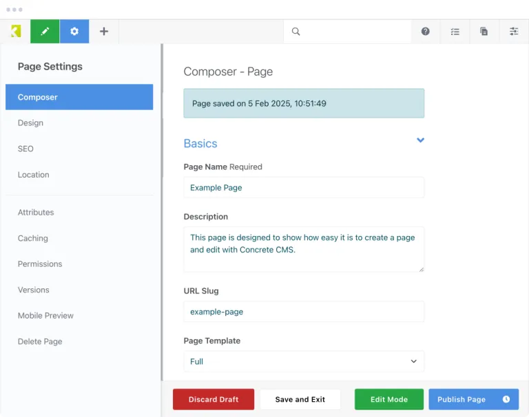 Easy form based page creation with concrete5 Composer